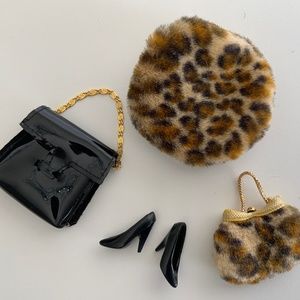 BARBIE DOLL ACCESSORIES LEOPARD PURSE AND BERET,  BLACK HEELS,PURSE